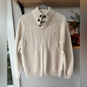CHAPS Ivory Tan Snowflake Knit Cotton Button Mockneck Sweater Size Men’s Small